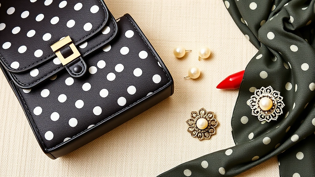 Detailed close-up of 1940s fashion elements: polka dot fabric, structured handbag with metal clasp, pearl earrings, red lipstick, silk scarf, vintage brooch, arranged on neutral background