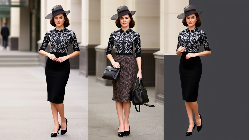 Woman styled in complete 1940s outfit: fitted dress with geometric print, ankle-strap shoes, small fascinator hat with netting, holding structured leather handbag, standing in period-appropriate setting