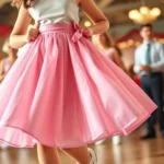 Teenage girl wearing pastel pink poodle skirt with white bobby socks and saddle shoes, 1950s style, dancing at sock hop, full skirt movement captured, vintage aesthetic, warm natural lighting, cheerful expression