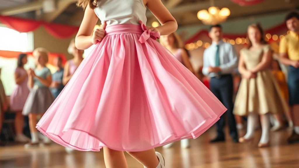 Teenage girl wearing pastel pink poodle skirt with white bobby socks and saddle shoes, 1950s style, dancing at sock hop, full skirt movement captured, vintage aesthetic, warm natural lighting, cheerful expression