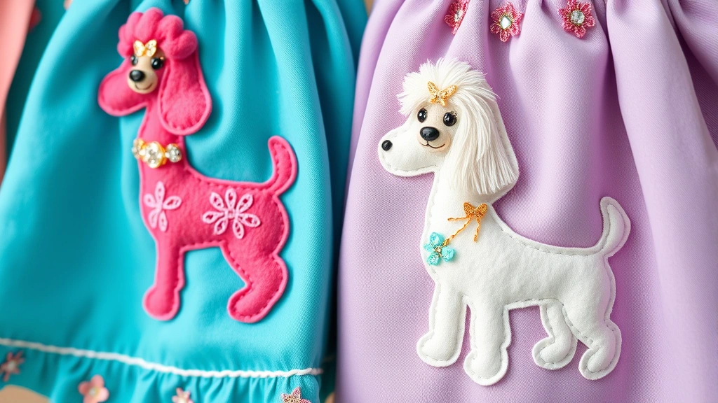 Close-up detail of colorful felt poodle appliqués on skirts—pink poodle with rhinestone collar, turquoise skirt background, white poodle on lavender fabric, various decorative embellishments visible, soft studio lighting