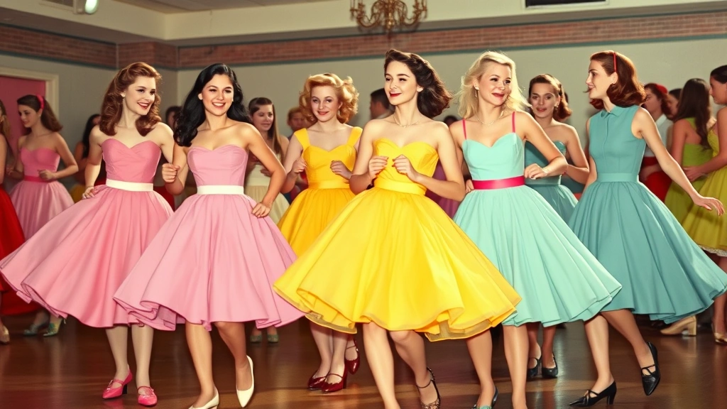 Group of teenage girls at 1950s school dance wearing different colored poodle skirts—pink, yellow, turquoise, mint green—dancing together, full skirts flowing, happy expressions, authentic period setting, warm vintage color palette