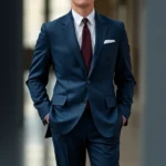 Well-dressed man in navy 1950s-style tailored suit with narrow lapels, crisp white dress shirt, thin tie, and polished oxford shoes, standing confidently in professional setting, showcasing classic mid-century masculine silhouette