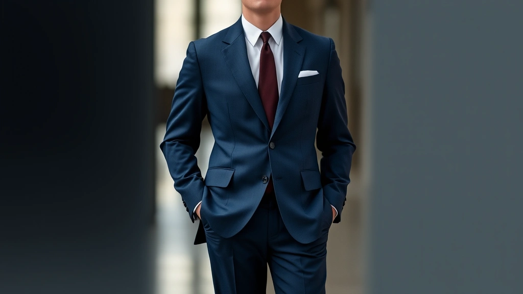 Well-dressed man in navy 1950s-style tailored suit with narrow lapels, crisp white dress shirt, thin tie, and polished oxford shoes, standing confidently in professional setting, showcasing classic mid-century masculine silhouette