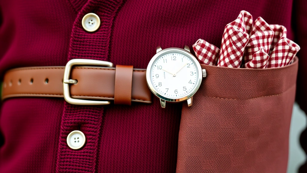 Close-up of 1950s menswear details including burgundy cardigan, pearl snap buttons, leather belt with simple buckle, vintage wristwatch, and coordinating pocket square demonstrating era's attention to grooming and accessories