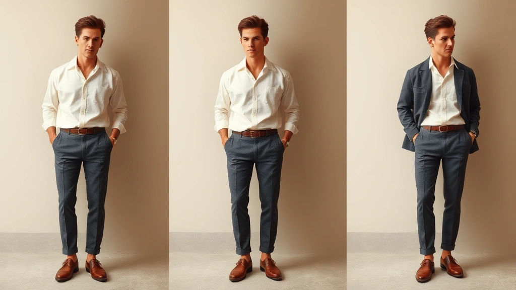 Casual 1950s inspired look featuring cream colored bowling shirt, tapered charcoal trousers, brown leather loafers, slicked-back styled hair, and relaxed confident posture representing vintage casual sophistication
