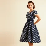 Woman wearing vintage 1950s full-skirted dress with fitted bodice, polka dot pattern, standing against soft neutral background, elegant pose, natural lighting, fashion photography style