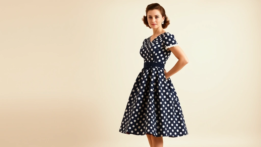 Woman wearing vintage 1950s full-skirted dress with fitted bodice, polka dot pattern, standing against soft neutral background, elegant pose, natural lighting, fashion photography style