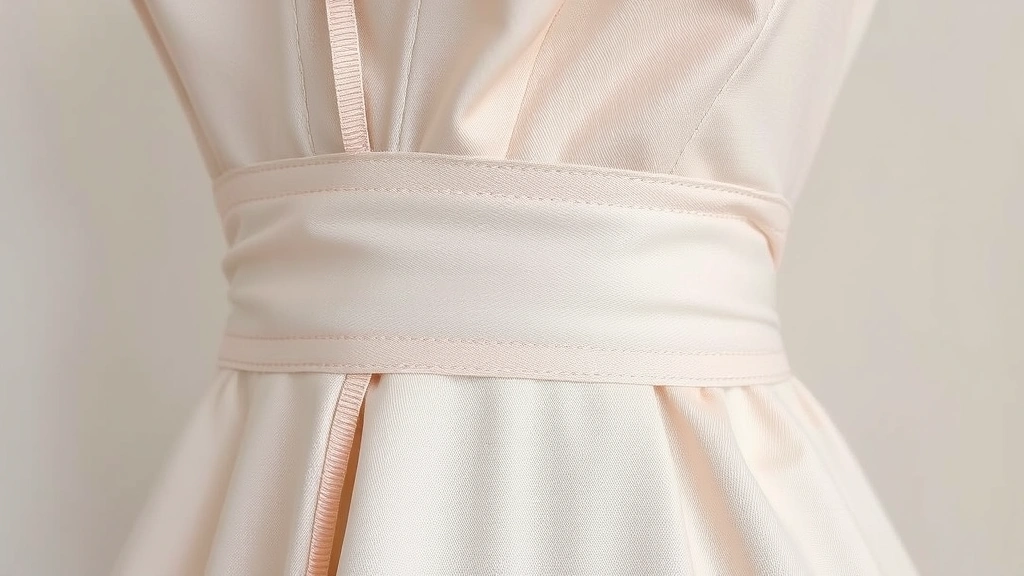 Close-up detail of 1950s dress construction showing seaming, boning, and fabric texture, demonstrating craftsmanship and quality tailoring, neutral background, professional product photography