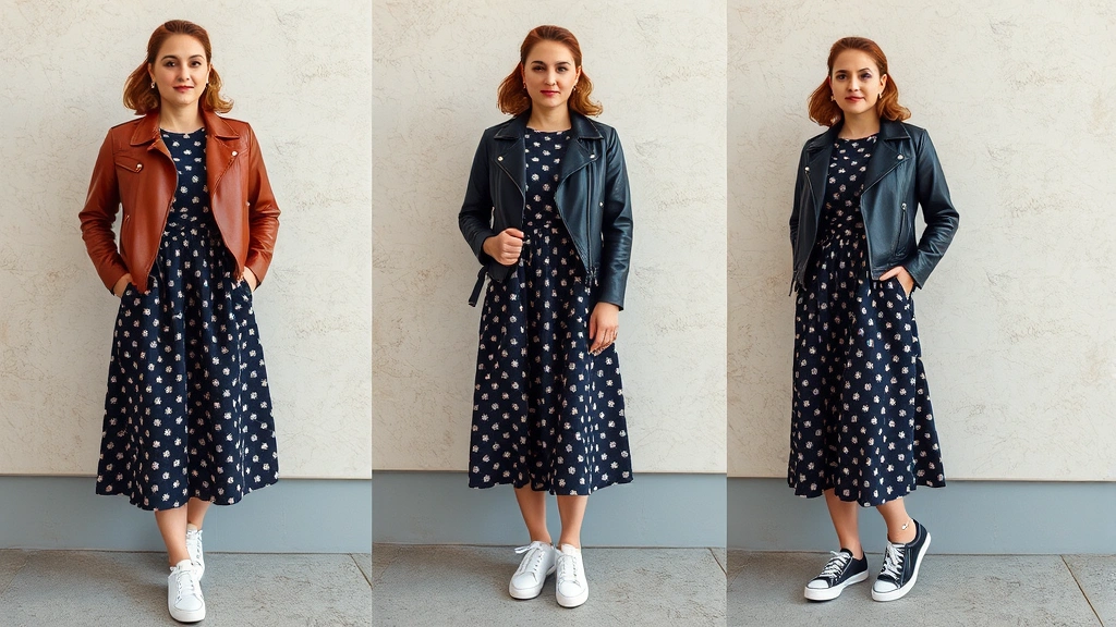 Modern styling of classic 1950s-inspired dress with contemporary leather jacket, minimal jewelry, and modern sneakers, showing how vintage silhouettes work with current fashion, lifestyle photography