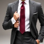 Tailored charcoal gray two-button suit with high-waisted trousers, crisp white dress shirt, burgundy silk necktie, silver cufflinks, and polished black oxford shoes on well-groomed man in professional studio setting.