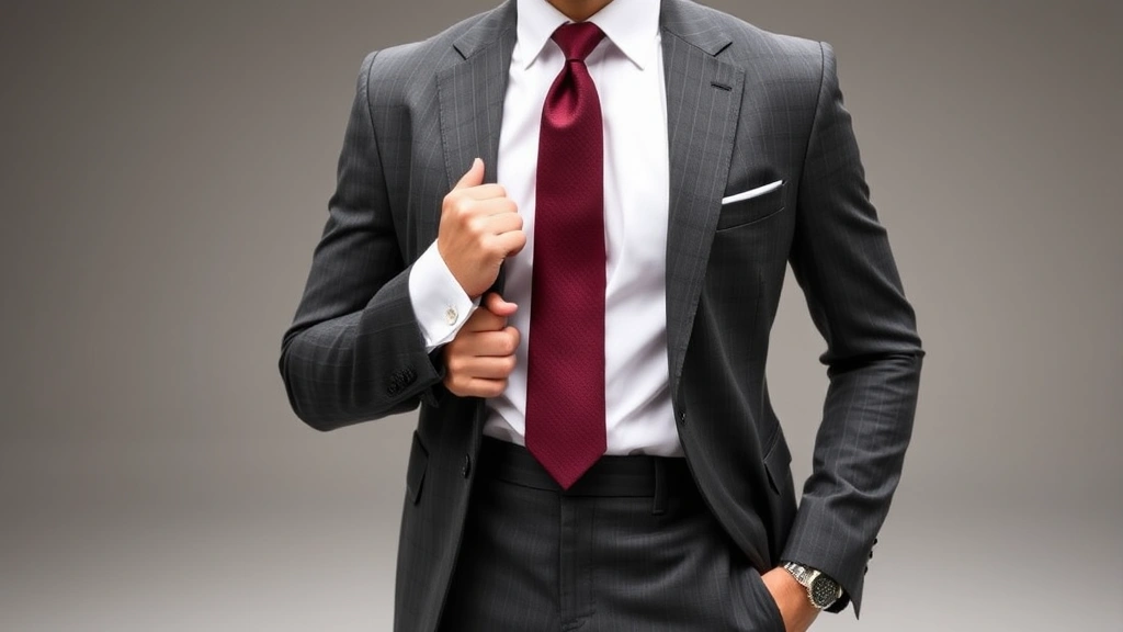 Tailored charcoal gray two-button suit with high-waisted trousers, crisp white dress shirt, burgundy silk necktie, silver cufflinks, and polished black oxford shoes on well-groomed man in professional studio setting.