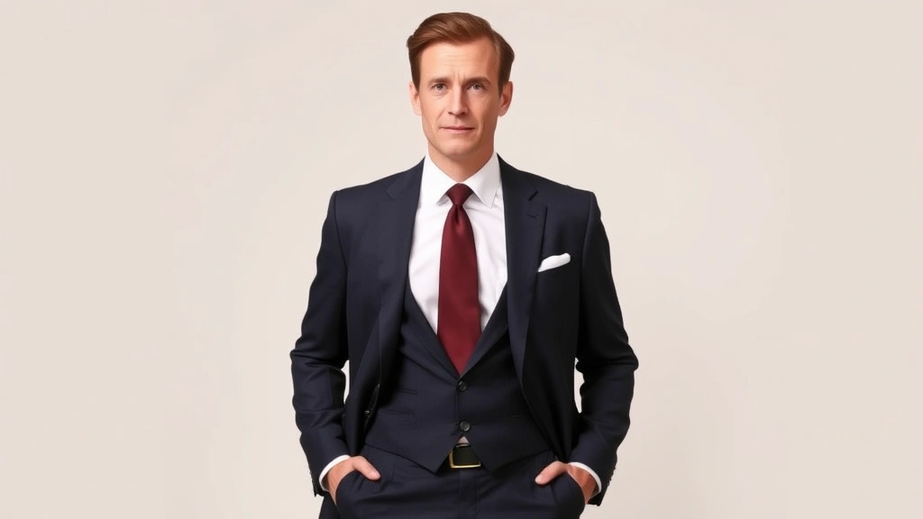 Man in tailored 1950s navy suit with crisp white dress shirt, burgundy necktie, and polished oxford shoes standing against neutral background with confident posture.