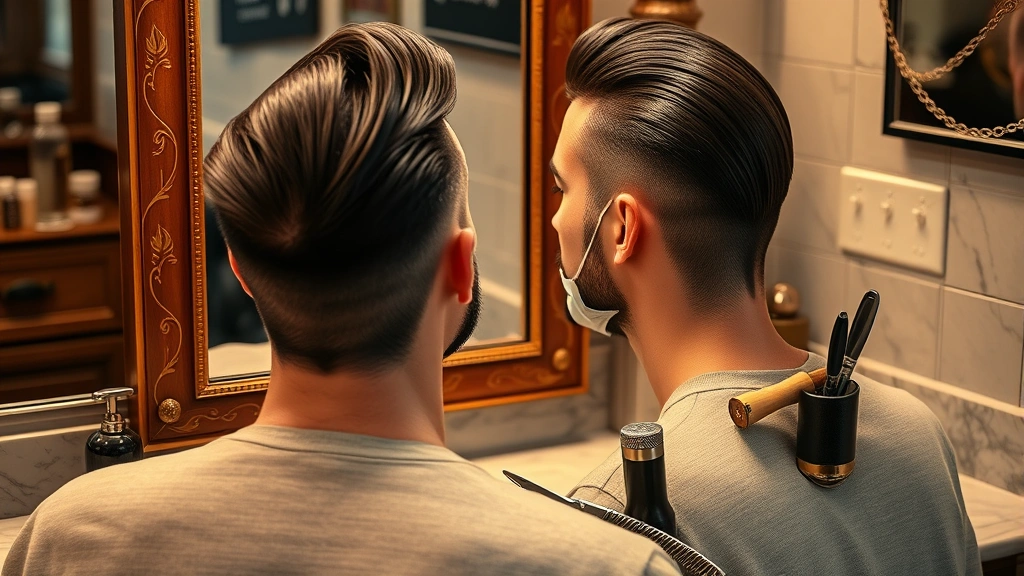 Vintage-inspired grooming scene featuring slicked-back hair, close shave, leather-bound mirror, and classic barbershop tools arranged on marble countertop with warm lighting.
