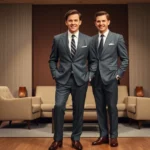 Vintage 1950s men wearing well-tailored charcoal gray suit with narrow tie, polished oxford shoes, posed against mid-century modern interior background, professional studio lighting