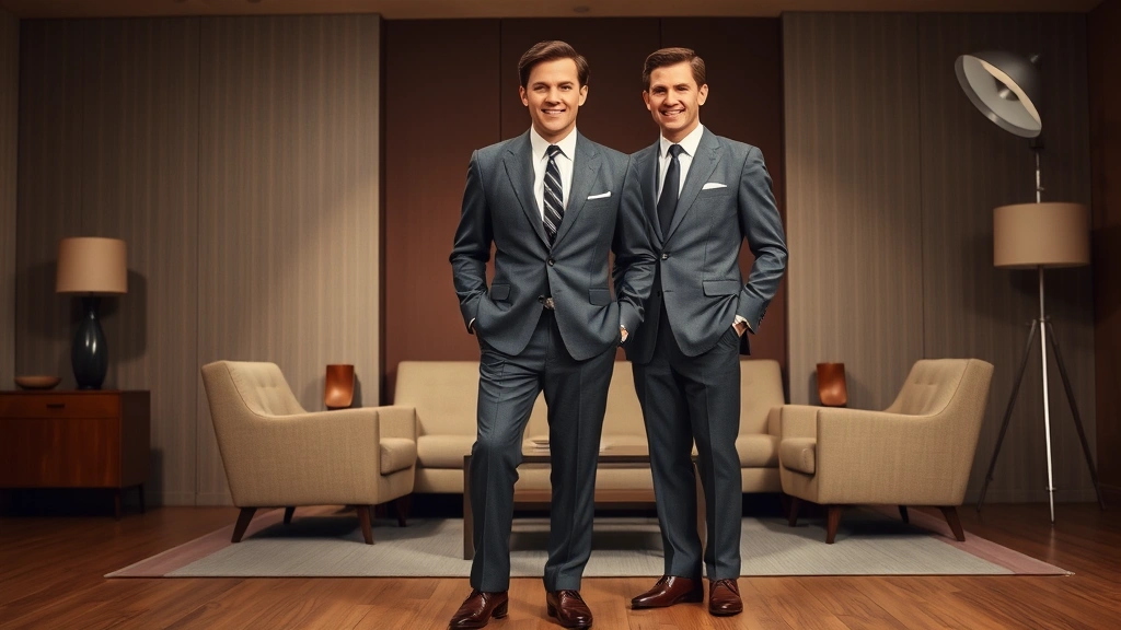 Vintage 1950s men wearing well-tailored charcoal gray suit with narrow tie, polished oxford shoes, posed against mid-century modern interior background, professional studio lighting