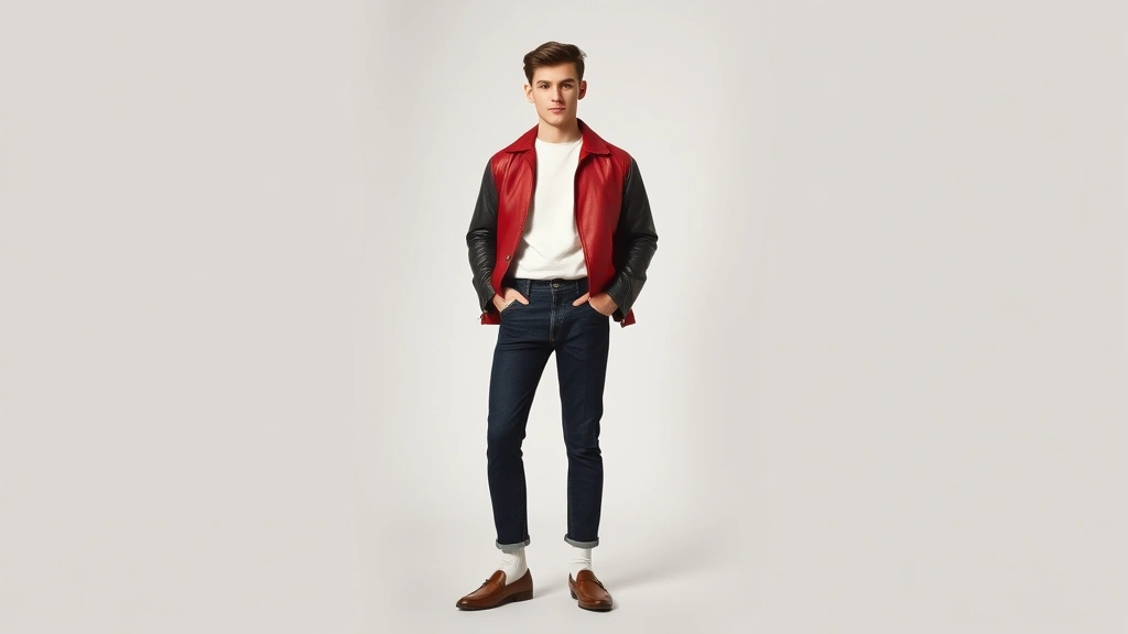 1950s young man in classic red jacket over white t-shirt, dark denim jeans, white socks and penny loafers, leather jacket draped casually, confident stance against neutral backdrop