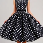 Woman wearing a full-skirted polka dot dress with fitted bodice, standing confidently in a vintage-inspired pose, showcasing 1950s silhouette with defined waistline and voluminous skirt, professional photography, studio lighting