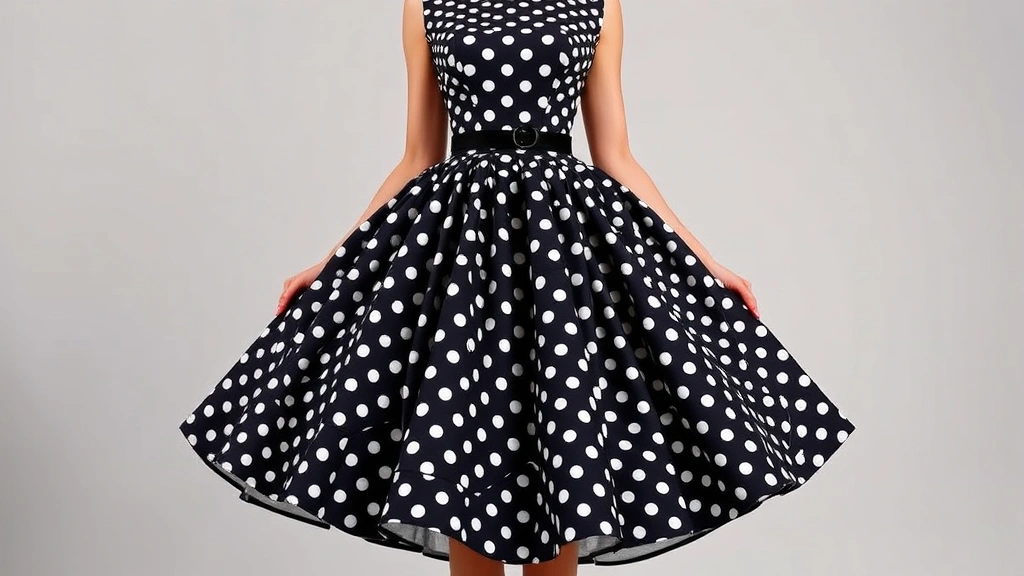 Woman wearing a full-skirted polka dot dress with fitted bodice, standing confidently in a vintage-inspired pose, showcasing 1950s silhouette with defined waistline and voluminous skirt, professional photography, studio lighting
