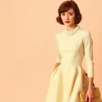 Elegant 1960s woman wearing cream A-line dress with pearl necklace and structured handbag, soft pastel background, early 60s refined fashion aesthetic