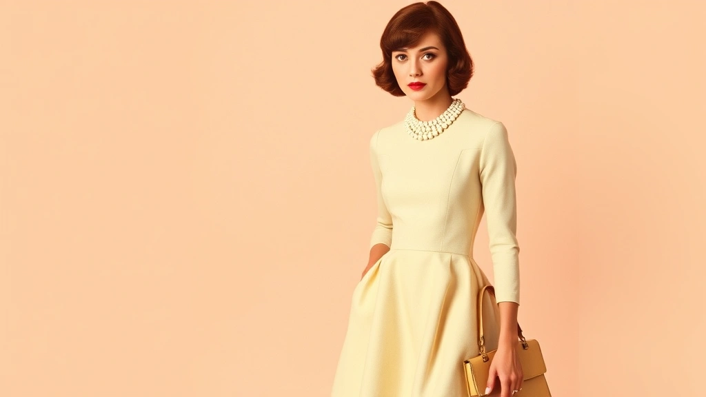 Elegant 1960s woman wearing cream A-line dress with pearl necklace and structured handbag, soft pastel background, early 60s refined fashion aesthetic