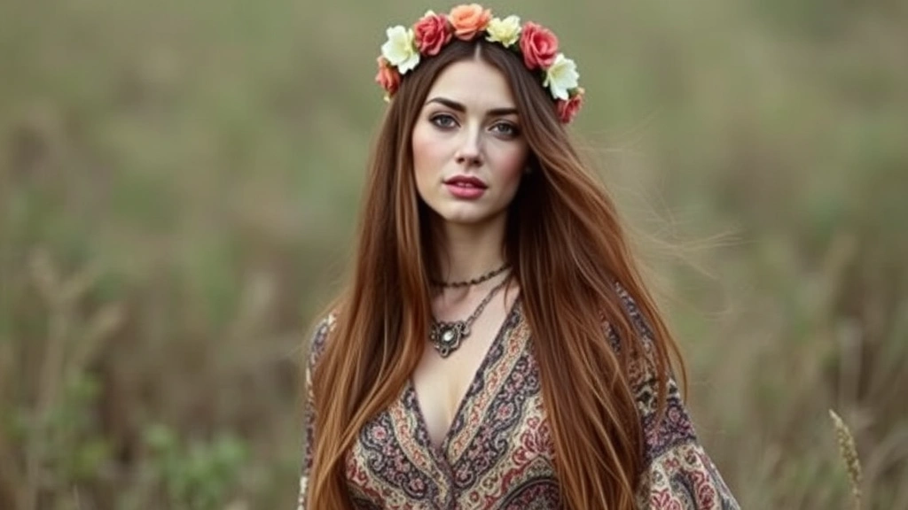 Woman with long straight hair wearing flowing bohemian maxi dress with paisley patterns, flower crown, natural makeup, late 1960s hippie style