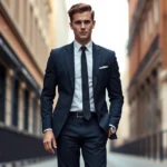 Young man wearing slim navy suit with narrow lapels, white button-down oxford shirt, thin black tie, and Chelsea boots standing confidently against urban backdrop, mod aesthetic styling
