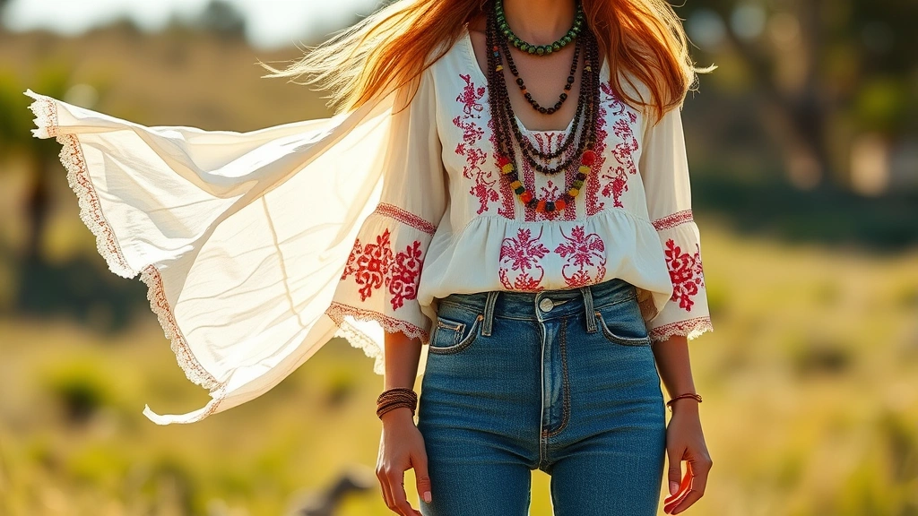 Young woman wearing vintage bell-bottom jeans, embroidered peasant blouse, and layered beaded necklaces, standing in natural sunlight with flowing fabric movement, bohemian aesthetic, 1960s inspired styling