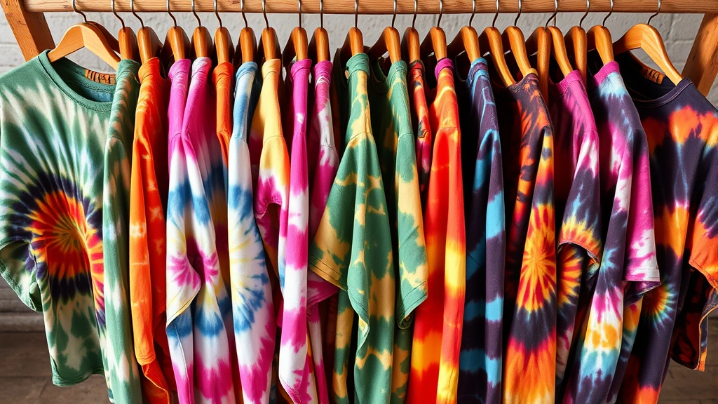 Overhead view of colorful tie-dye garments hanging on vintage wooden rack, displaying swirling psychedelic patterns in earth tones and bright hues, authentic bohemian wardrobe collection detail