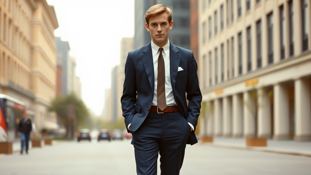 Young man wearing sharp slim-fit navy suit with narrow lapels, white button-down Oxford shirt, thin knit tie, and Chelsea boots, standing confidently in urban setting, clean and polished early 1960s preppy aesthetic