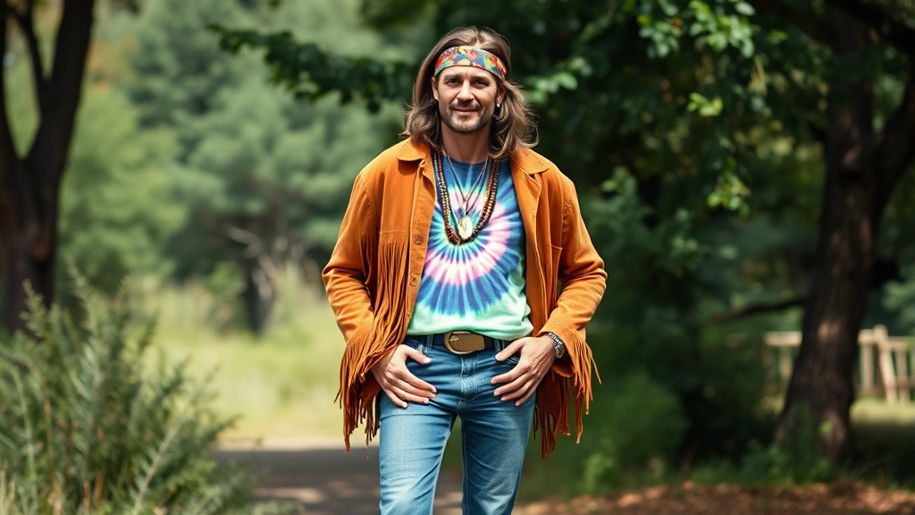 Late 1960s hippie man wearing tie-dye shirt with fringe suede jacket, bell-bottom jeans, headband, beaded necklaces, and canvas sneakers, relaxed bohemian posture in natural outdoor setting