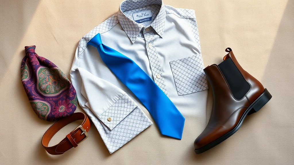 Flat lay composition of 1960s menswear essentials including a paisley silk scarf, narrow tie in electric blue, button-down Oxford shirt with geometric print, leather belt with prominent buckle, and Chelsea boot, arranged on neutral fabric background with natural lighting