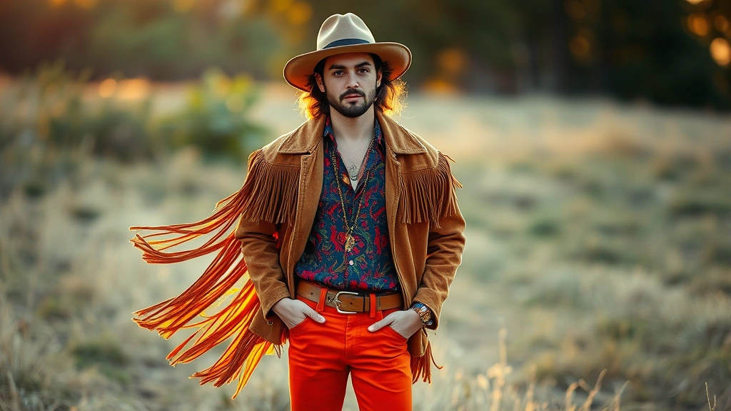 Young man wearing late 1960s inspired outfit: bell-bottom trousers in burnt orange, flowing paisley shirt in jewel tones, fringed suede jacket, wide-brimmed hat, and decorative jewelry, photographed in natural outdoor setting with golden hour lighting, capturing bohemian counterculture aesthetic