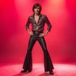 Man wearing 1970s disco outfit with sequined shirt, bell-bottom trousers, and platform shoes, posing confidently under warm studio lighting with rich jewel tones and metallics visible