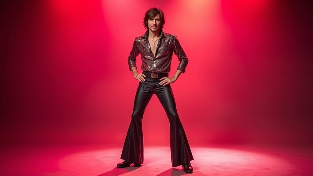 Man wearing 1970s disco outfit with sequined shirt, bell-bottom trousers, and platform shoes, posing confidently under warm studio lighting with rich jewel tones and metallics visible