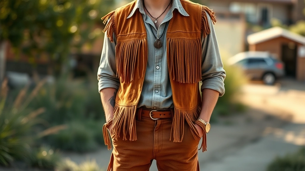 Bohemian-styled man in fringe suede vest, earth-tone bell-bottoms, and wide-collar shirt, standing outdoors with natural lighting emphasizing warm colors and textured fabrics