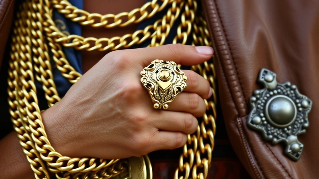 Close-up detail of 1970s men's fashion accessories including layered gold chains, chunky statement ring, and decorative belt buckle against leather jacket background