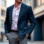 Man wearing oversized power blazer with pronounced shoulders, pastel pink shirt, slim-fit trousers, standing in urban setting, confident pose, natural lighting, contemporary styling
