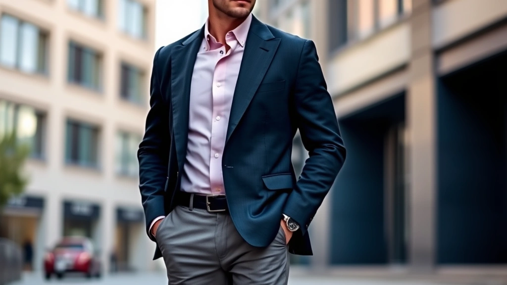 Man wearing oversized power blazer with pronounced shoulders, pastel pink shirt, slim-fit trousers, standing in urban setting, confident pose, natural lighting, contemporary styling