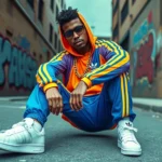 Vibrant 1980s hip hop fashion photoshoot featuring oversized Adidas tracksuit in neon colors, crisp white Adidas Superstars, and substantial gold chain necklace on urban street backdrop with graffiti walls