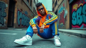 Vibrant 1980s hip hop fashion photoshoot featuring oversized Adidas tracksuit in neon colors, crisp white Adidas Superstars, and substantial gold chain necklace on urban street backdrop with graffiti walls