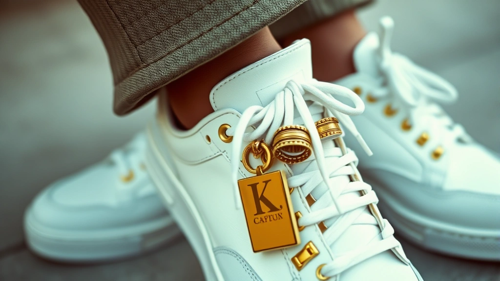 Close-up detailed fashion photography of 1980s hip hop styling elements: pristine white leather sneakers, bold gold jewelry including nameplate necklace and multiple rings, Kangol hat tilted at signature angle