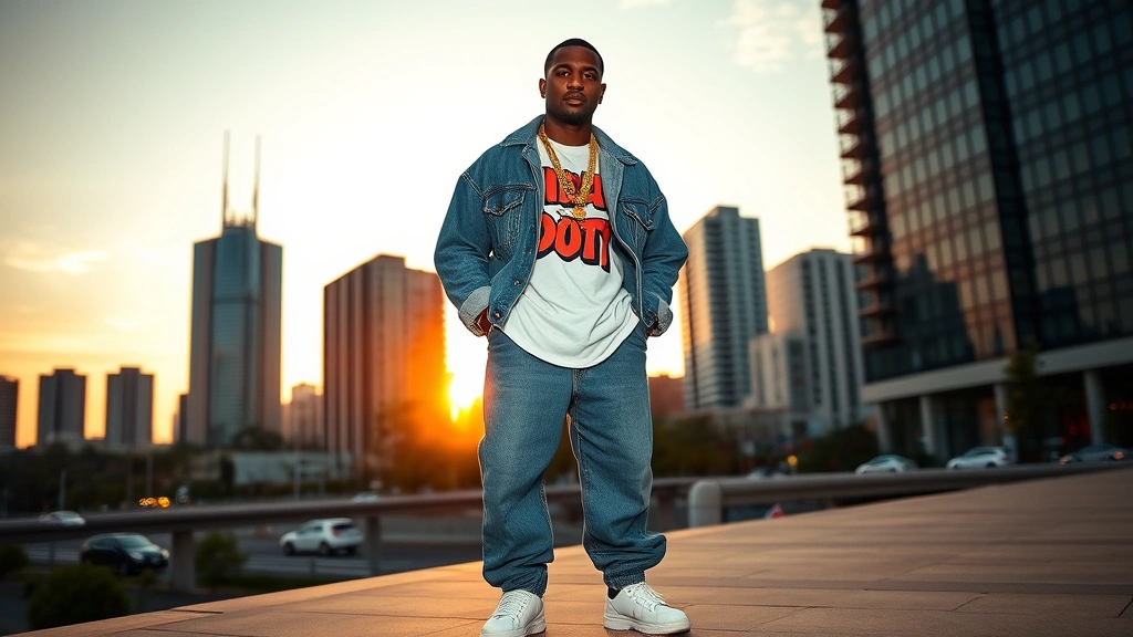Urban street style photograph showcasing 1980s hip hop fashion ensemble with oversized denim jacket, baggy jeans, graphic t-shirt, white sneakers, and gold accessories against city landscape at sunset