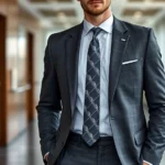 Sharp tailored power suit with exaggerated shoulder pads in deep charcoal gray, worn by confident man in modern office setting, geometric tie, professional menswear photography