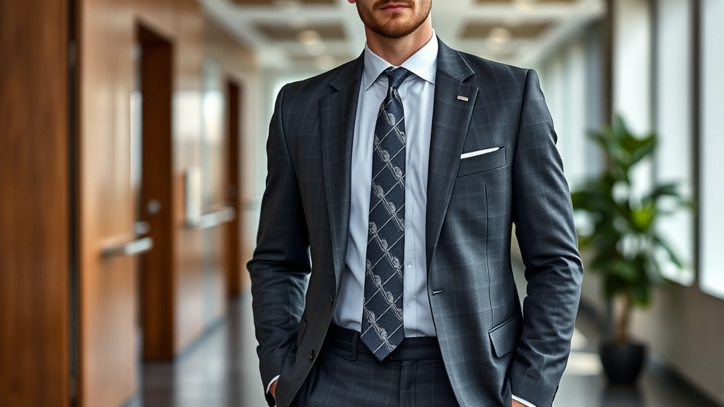 Sharp tailored power suit with exaggerated shoulder pads in deep charcoal gray, worn by confident man in modern office setting, geometric tie, professional menswear photography