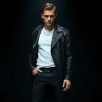 Professional fashion photography of a sleek black leather trench coat styled with minimalist white tee and dark jeans, dramatic studio lighting, model in confident pose, cinematic Matrix-inspired aesthetic, high-fashion editorial quality