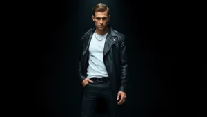 Professional fashion photography of a sleek black leather trench coat styled with minimalist white tee and dark jeans, dramatic studio lighting, model in confident pose, cinematic Matrix-inspired aesthetic, high-fashion editorial quality