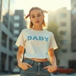 Young woman wearing low-rise jeans, baby tee, and colorful hair clips, standing confidently in urban setting with sunlight creating warm shadows, Y2K aesthetic styling, photorealistic fashion photography