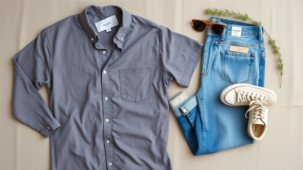 Flat lay of sustainable fashion items including organic cotton shirt, recycled denim, eco-friendly sneakers, and wooden accessories arranged artfully on natural linen background, minimalist composition