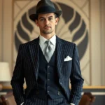 Sophisticated man wearing tailored 1920s navy pinstriped suit with white dress shirt, silk tie, pocket square, suspenders visible, and classic fedora hat, standing confidently in art deco interior setting with geometric wall patterns